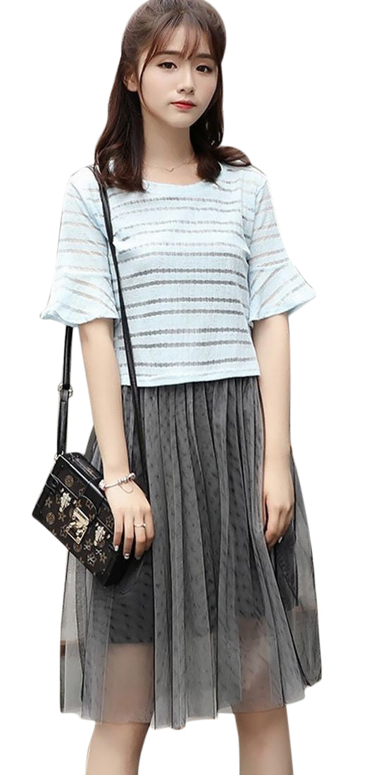 ワンピース Tシャツ 2点セット セットアップ レディース 半袖 チュールスカート シースルー トップス スカート 膝丈 膝上 キャミワンピ 袖フレア ボーダー ガーリー カジュアル シンプル 大きいサイズ 白 黒 おしゃれ 春 夏 重ね着 レイヤード 3L 4L