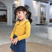 カットソー 長袖 キッズ 子供用 女の子 トップス 襟付き ピーターパンカラー 無地 単色 シンプル お洒落 かわいい 着回し力 普段使い お散歩 公園遊び お出かけシーン