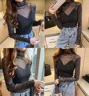 カットソー 長袖 レディース トップス ハイネック シースルー 透け感 プルオーバー 薄手 黒 婦人服 女性用 大きいサイズあり おしゃれ カジュアル 普段着 デイリー 外出 お出掛け M L XL 2XL 3XL