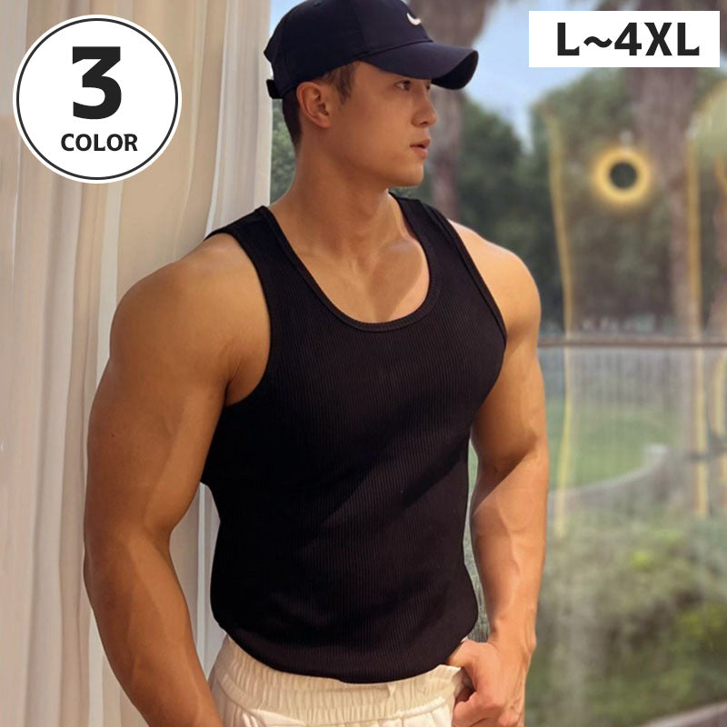 タンクトップ メンズ 男性 トップス ノースリーブ ラウンドネック リブ 大きいサイズ シンプル 着回し かっこいい 単色 無地 ランニング 定番