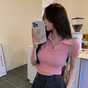 カットソー 半袖 レディース 女性 女子 大きいサイズ トップス Vネック 襟付き プルオーバー ショート丈 おしゃれ シンプル 無地 カジュアル スポーティー ダンス ブラック ホワイト ピンク