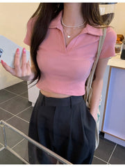 カットソー 半袖 レディース 女性 女子 大きいサイズ トップス Vネック 襟付き プルオーバー ショート丈 おしゃれ シンプル 無地 カジュアル スポーティー ダンス ブラック ホワイト ピンク