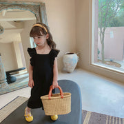 オールインワン ツナギ キッズ 女の子 ノースリーブ スクエアネック 肩フリル ロングパンツ 長ズボン 背中開き リボン 無地 ピンク ブラック ブルー シンプル かわいい キュート 春 夏
