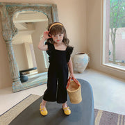 オールインワン ツナギ キッズ 女の子 ノースリーブ スクエアネック 肩フリル ロングパンツ 長ズボン 背中開き リボン 無地 ピンク ブラック ブルー シンプル かわいい キュート 春 夏