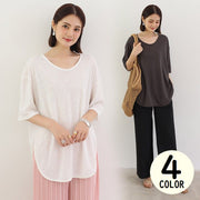 カットソー 半袖 レディース Tシャツ チュニック ゆったり 体型カバー 丸首 ラウンドヘム ドロップショルダー 無地 シンプル