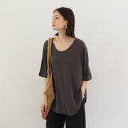 カットソー 半袖 レディース Tシャツ チュニック ゆったり 体型カバー 丸首 ラウンドヘム ドロップショルダー 無地 シンプル