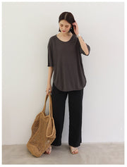 カットソー 半袖 レディース Tシャツ チュニック ゆったり 体型カバー 丸首 ラウンドヘム ドロップショルダー 無地 シンプル