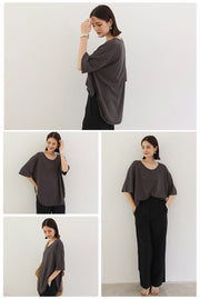 カットソー 半袖 レディース Tシャツ チュニック ゆったり 体型カバー 丸首 ラウンドヘム ドロップショルダー 無地 シンプル