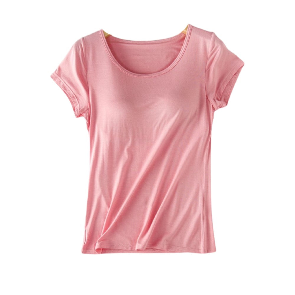 カップ付きTシャツ カップ付きカットソー ブラトップ レディース 女性 半袖 丸首 ラウンドネック クルーネック 大きいサイズ 2XL以上 3XL 4XL 無地 ブラック ホワイト ピンク シンプル カジュアル ラフ 部屋着 春 秋