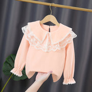 カットソー キッズ ジュニア 子供服 子ども服 女の子 トップス 長袖 丸首 ラウンドネック 袖ゴム 背中ボタン フリル レース 襟付き 無地 ホワイト ピンク シンプル 可愛い キュート ガーリー 春 秋