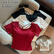 カットソー レディース トップス カップ付き Tシャツ 半袖 ショート丈 背中見せ 背中開き おしゃれ セクシー 重ね着 無地 シンプル