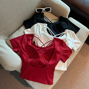 カットソー レディース トップス カップ付き Tシャツ 半袖 ショート丈 背中見せ 背中開き おしゃれ セクシー 重ね着 無地 シンプル