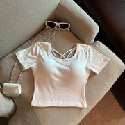 カットソー レディース トップス カップ付き Tシャツ 半袖 ショート丈 背中見せ 背中開き おしゃれ セクシー 重ね着 無地 シンプル