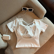カットソー レディース トップス カップ付き Tシャツ 半袖 ショート丈 背中見せ 背中開き おしゃれ セクシー 重ね着 無地 シンプル