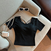 カットソー レディース トップス カップ付き Tシャツ 半袖 ショート丈 背中見せ 背中開き おしゃれ セクシー 重ね着 無地 シンプル
