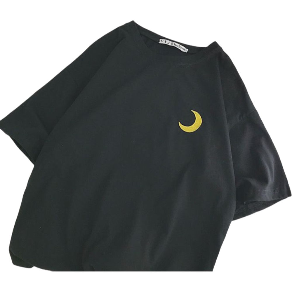 Tシャツ カットソー 半袖 レディース 婦人服 トップス 5分丈 ラウンドネック シンプル ワンポイント ゆったり ビッグシルエット ルーズフィット 太陽 月 雲 雷 天気 おしゃれ かわいい 普段使い デイリー カジュアル 大きいサイズ