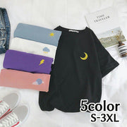 Tシャツ カットソー 半袖 レディース 婦人服 トップス 5分丈 ラウンドネック シンプル ワンポイント ゆったり ビッグシルエット ルーズフィット 太陽 月 雲 雷 天気 おしゃれ かわいい 普段使い デイリー カジュアル 大きいサイズ