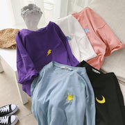 Tシャツ カットソー 半袖 レディース 婦人服 トップス 5分丈 ラウンドネック シンプル ワンポイント ゆったり ビッグシルエット ルーズフィット 太陽 月 雲 雷 天気 おしゃれ かわいい 普段使い デイリー カジュアル 大きいサイズ