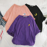 Tシャツ カットソー 半袖 レディース 婦人服 トップス 5分丈 ラウンドネック シンプル ワンポイント ゆったり ビッグシルエット ルーズフィット 太陽 月 雲 雷 天気 おしゃれ かわいい 普段使い デイリー カジュアル 大きいサイズ