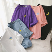 Tシャツ カットソー 半袖 レディース 婦人服 トップス 5分丈 ラウンドネック シンプル ワンポイント ゆったり ビッグシルエット ルーズフィット 太陽 月 雲 雷 天気 おしゃれ かわいい 普段使い デイリー カジュアル 大きいサイズ