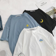 Tシャツ カットソー 半袖 レディース 婦人服 トップス 5分丈 ラウンドネック シンプル ワンポイント ゆったり ビッグシルエット ルーズフィット 太陽 月 雲 雷 天気 おしゃれ かわいい 普段使い デイリー カジュアル 大きいサイズ