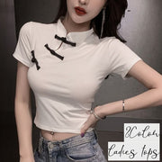 カットソー 半袖 トップス レディース 女性 チャイナ風 ミニ丈 ショート丈 クロップド丈 へそ出し Tシャツ ワンポイント おしゃれ かわいい カジュアル