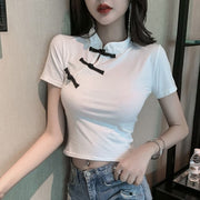 カットソー 半袖 トップス レディース 女性 チャイナ風 ミニ丈 ショート丈 クロップド丈 へそ出し Tシャツ ワンポイント おしゃれ かわいい カジュアル