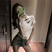 カットソー 半袖 トップス レディース 女性 チャイナ風 ミニ丈 ショート丈 クロップド丈 へそ出し Tシャツ ワンポイント おしゃれ かわいい カジュアル