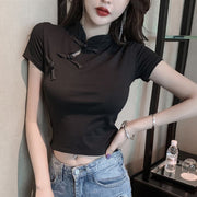 カットソー 半袖 トップス レディース 女性 チャイナ風 ミニ丈 ショート丈 クロップド丈 へそ出し Tシャツ ワンポイント おしゃれ かわいい カジュアル