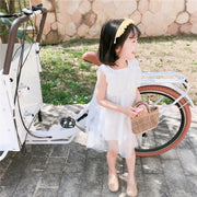 ワンピース ドレス 子供服 キッズ ジュニア 女の子 ノースリーブ ミニ丈 膝上丈 レース 花柄刺繍 チュール フリル 発表会 結婚式 プリンセスライン かわいい 姫系 おしゃれ パーティー カジュアル お出かけ ショート丈 スクエアネック フレア 子ども こども 女児 ホワイト 白