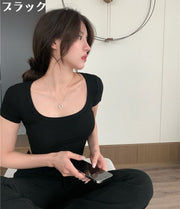 カットソー Tシャツ 半袖 ショート丈 レディース へそ出し 無地 ダンス ヒップホップ タイト スリム 深Uネック デコルテ 春夏