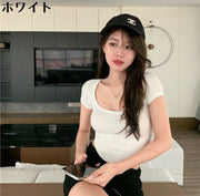 カットソー Tシャツ 半袖 ショート丈 レディース へそ出し 無地 ダンス ヒップホップ タイト スリム 深Uネック デコルテ 春夏