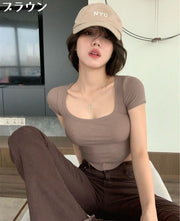 カットソー Tシャツ 半袖 ショート丈 レディース へそ出し 無地 ダンス ヒップホップ タイト スリム 深Uネック デコルテ 春夏