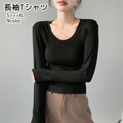 長袖Tシャツ カットソー レディース トップス ラウンドネック 丸首 ブラック ホワイト グレー ビスコース スパンデックス シンプル