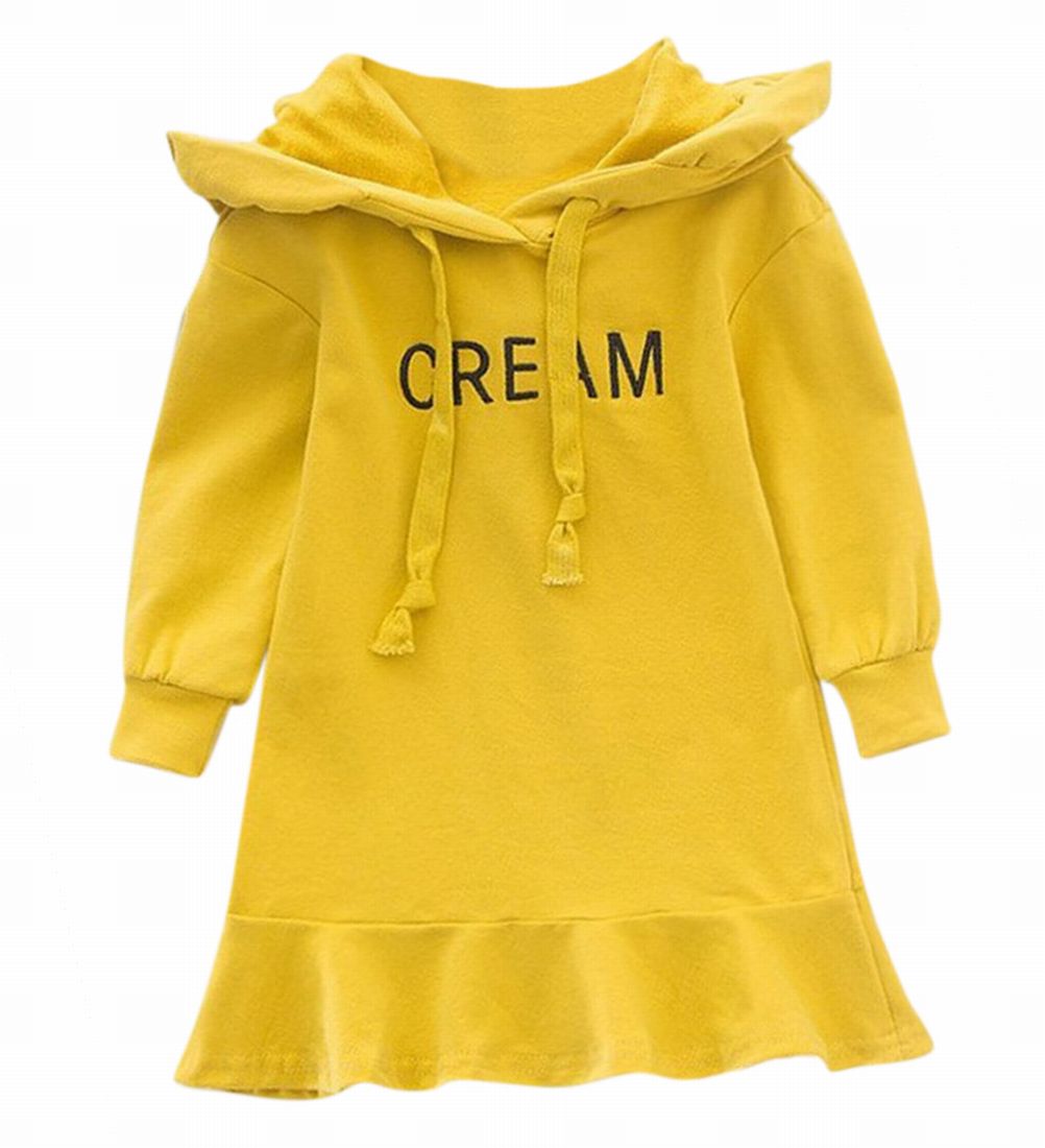 パーカーワンピース ミニワンピース 長袖 フード付き ミニ丈 ショート丈 子供服 キッズ スウェット スエット 裾フレア フリル 英字刺繍 シンプル かわいい カジュアル 女の子 女児 子供用 子ども服 こども服 80cm 90cm 100cm 110cm 120cm 130cm