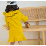 パーカーワンピース ミニワンピース 長袖 フード付き ミニ丈 ショート丈 子供服 キッズ スウェット スエット 裾フレア フリル 英字刺繍 シンプル かわいい カジュアル 女の子 女児 子供用 子ども服 こども服 80cm 90cm 100cm 110cm 120cm 130cm