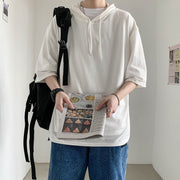 パーカー 五分袖 メンズ トップス プルオーバー 薄手 ドロップショルダー 大きいサイズ 無地 ソリッドカラー シンプル カジュアル 紐付きフード 着回し ラフ 黒 白 外出 お出掛け M L XL 2XL