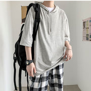 パーカー 五分袖 メンズ トップス プルオーバー 薄手 ドロップショルダー 大きいサイズ 無地 ソリッドカラー シンプル カジュアル 紐付きフード 着回し ラフ 黒 白 外出 お出掛け M L XL 2XL