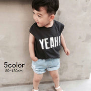 Tシャツ 子供服 ベビー ノースリーブ カットソー プリント クールネック 丸襟 白 黒 綿 カジュアル ヘビロテ かっこいい