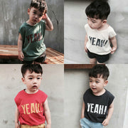 Tシャツ 子供服 ベビー ノースリーブ カットソー プリント クールネック 丸襟 白 黒 綿 カジュアル ヘビロテ かっこいい