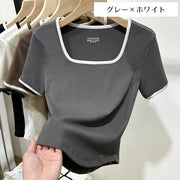 カットソー 半袖 レディース 女性 トップス スクエアネック バイカラー 単色 襟ぐり広め シンプル 着回し デイリー きれいめ かわいい おしゃれ