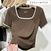 カットソー 半袖 レディース 女性 トップス スクエアネック バイカラー 単色 襟ぐり広め シンプル 着回し デイリー きれいめ かわいい おしゃれ