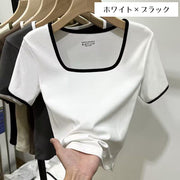 カットソー 半袖 レディース 女性 トップス スクエアネック バイカラー 単色 襟ぐり広め シンプル 着回し デイリー きれいめ かわいい おしゃれ