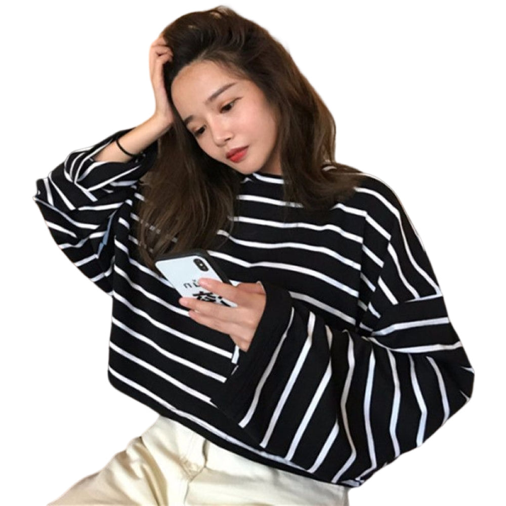 カットソー Tシャツ 長袖 レディース トップス ラウンドネック ドロップショルダー ボーダー 定番 シンプル プルオーバー ビッグシルエット オーバーサイズ
