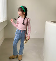 カットソー キッズ 子供服 子ども服 女の子 トップス 長袖 スタンドネック 型フリル 無地 ピンク ベージュ グリーン シンプル 可愛い キュート カジュアル 春 秋