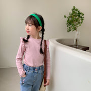 カットソー キッズ 子供服 子ども服 女の子 トップス 長袖 スタンドネック 型フリル 無地 ピンク ベージュ グリーン シンプル 可愛い キュート カジュアル 春 秋
