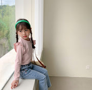 カットソー キッズ 子供服 子ども服 女の子 トップス 長袖 スタンドネック 型フリル 無地 ピンク ベージュ グリーン シンプル 可愛い キュート カジュアル 春 秋