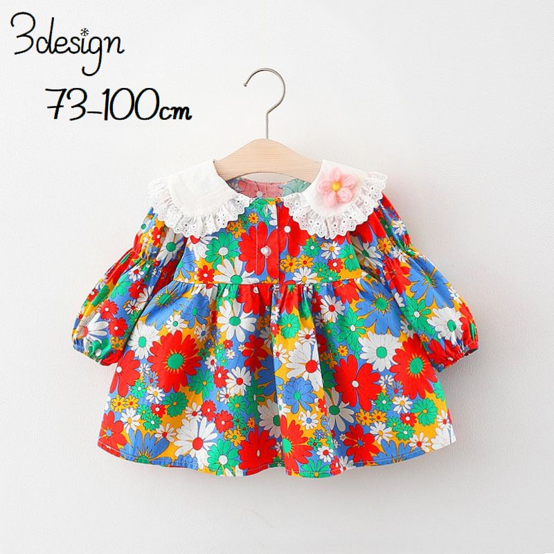 ワンピース 子供服 ベビー キッズ 女の子 長袖 ピーターパンカラー フレア 花柄 フラワー レース 可愛い おしゃれ ガーリー カラフル 前ボタン 袖口ゴム おでかけ 春服 秋服