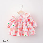 ワンピース 子供服 ベビー キッズ 女の子 長袖 ピーターパンカラー フレア 花柄 フラワー レース 可愛い おしゃれ ガーリー カラフル 前ボタン 袖口ゴム おでかけ 春服 秋服