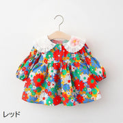 ワンピース 子供服 ベビー キッズ 女の子 長袖 ピーターパンカラー フレア 花柄 フラワー レース 可愛い おしゃれ ガーリー カラフル 前ボタン 袖口ゴム おでかけ 春服 秋服
